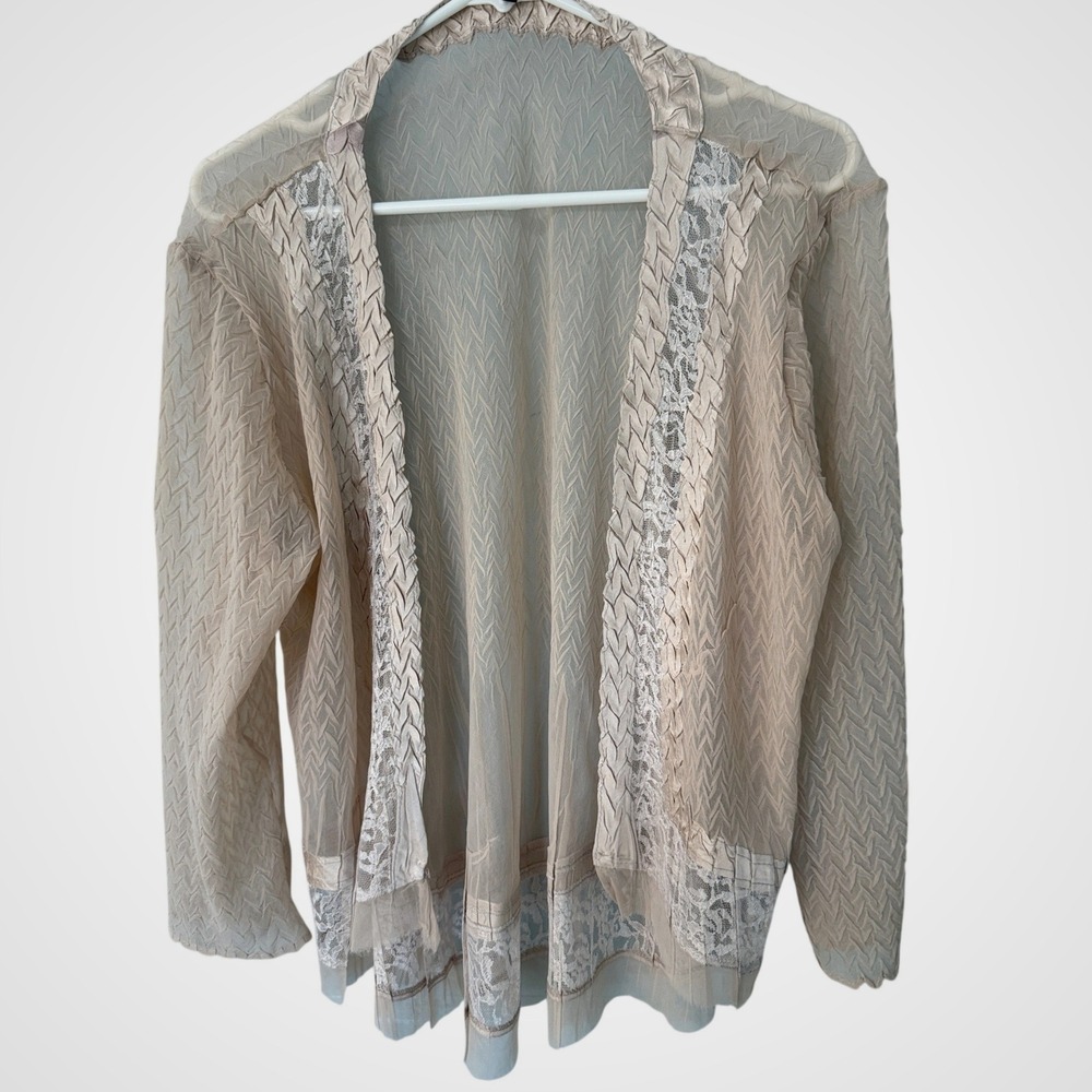 Komarov Woman Rare Tan Pleated Lace Trim Open Front Cardigan Jacket Size 1X